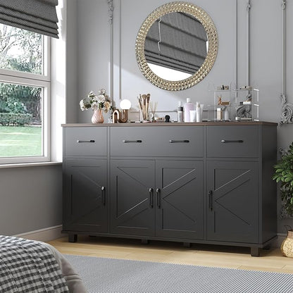 VVFLU 55" Sideboard Buffet Cabinet with Storage, Coffee Bar Cabinet with 3 Drawers and 4 Barn Doors, Long Storage Cabinet Modern Farmhouse, Black Wood, for Kitchen, Dining Room, Living Room