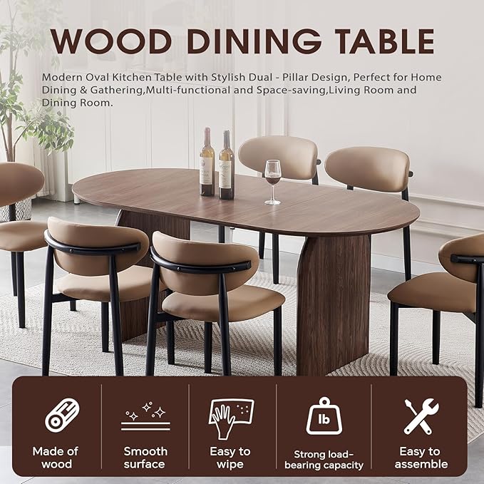 70.87 inch Oval Dining Table for 6 to 8 Person, Large Oval Wooden Kitchen Dinner Table with Dual Pillar Pedestal Base, Modern Farmhouse Oval Dining Room Table for Kitchen Living Room Apartment, Brown