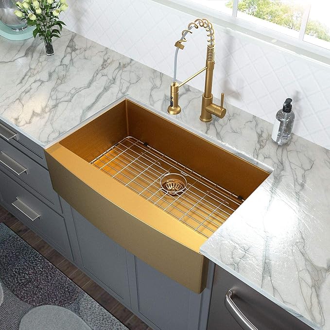 Lordear Brush Gold Farmhouse Sink 33 inch Apron Front T304 16 Gauge Stainless Steel Deep Single Bowl Kitchen Farm Farmer Style Sinks 33x21x10 Inch