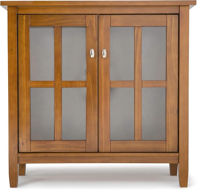 SIMPLIHOME Warm Shaker Storage Cabinet - 32 inch Wide Solid Wood 2-Shelf Low Storage Cabinet in Light Golden Brown, Transitional Accent Cabinet for Entryway with Tempered Glass Doors and Shelves