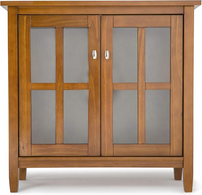 SIMPLIHOME Warm Shaker Storage Cabinet - 32 inch Wide Solid Wood 2-Shelf Low Storage Cabinet in Light Golden Brown, Transitional Accent Cabinet for Entryway with Tempered Glass Doors and Shelves