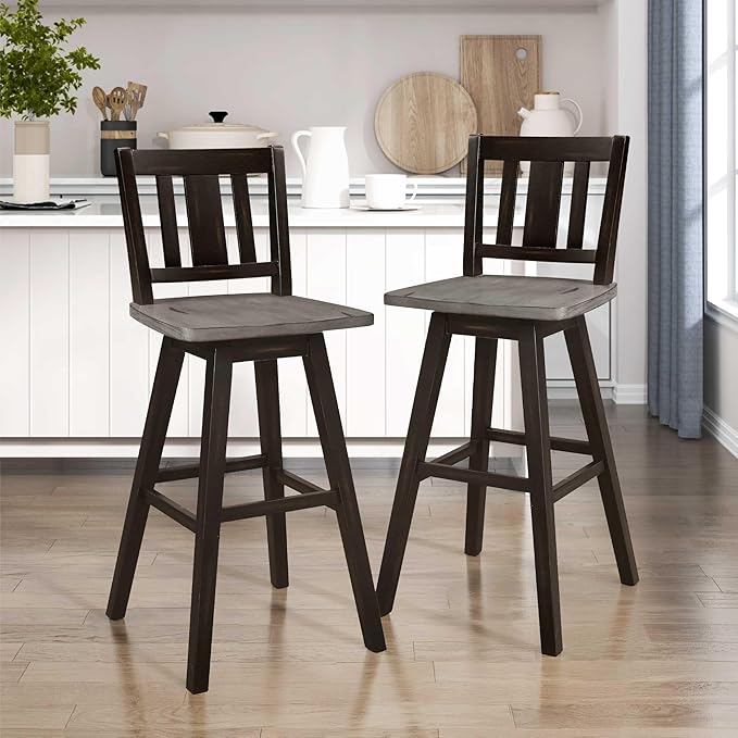 Lexicon Bar Height Bar Stools Set of 2-Solid Wood Frame 360° Swivel Wooden Stools, Foot Rest, Slat Back, Wide Seat, Distressed Farmhouse Easy to Clean Finish, 28.5" SH, Antique Black/Grey