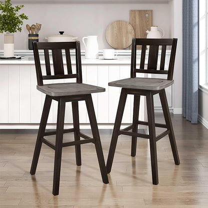 Lexicon Bar Height Bar Stools Set of 2-Solid Wood Frame 360° Swivel Wooden Stools, Foot Rest, Slat Back, Wide Seat, Distressed Farmhouse Easy to Clean Finish, 28.5" SH, Antique Black/Grey
