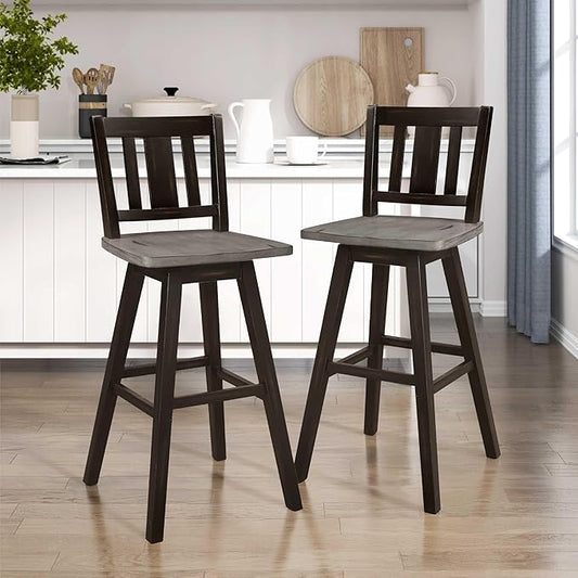 Lexicon Bar Height Bar Stools Set of 2-Solid Wood Frame 360° Swivel Wooden Stools, Foot Rest, Slat Back, Wide Seat, Distressed Farmhouse Easy to Clean Finish, 28.5" SH, Antique Black/Grey