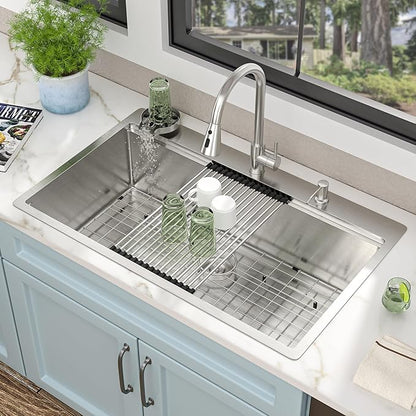 36"x22" Drop In Ledge Workstation Kitchen Sink – 16 Gauge 304 Stainless Steel Top Mount Overmount Single Bowl Sink Basin with Faucet Combo & Glass Rinser