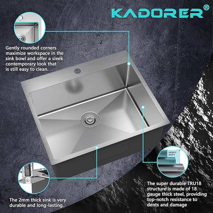 25 x 22 Inch Drop In Kitchen Sink, Single Bowl Kitchen Sink Topmount Prep Sink 18 Gauge Stainless Steel Kitchen Sink with Grid and Basket Strainer