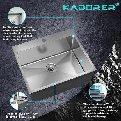 25 x 22 Inch Drop In Kitchen Sink, Single Bowl Kitchen Sink Topmount Prep Sink 18 Gauge Stainless Steel Kitchen Sink with Grid and Basket Strainer