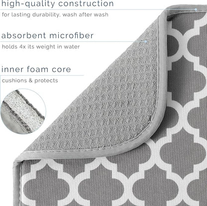 S&T INC. Dish Drying Mat, 16” x 18”, Absorbent Microfiber Kitchen Counter Mat, Dish Drying Pad for Dishes, Utensils, Pots and Pans, Large, White Trellis