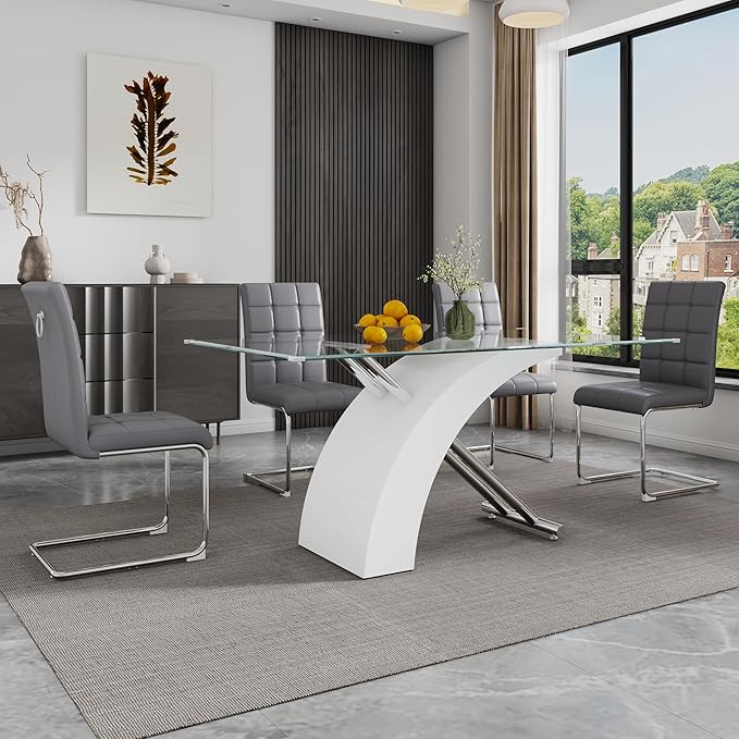 5-Piece Glass Dining Table Set, 63" White Kitchen Table with X-Shape MDF Base, Dining Room Set for 4 with 4 Leather Upholstered Chair for Kitchen, Dining Room (Gray,Silver)