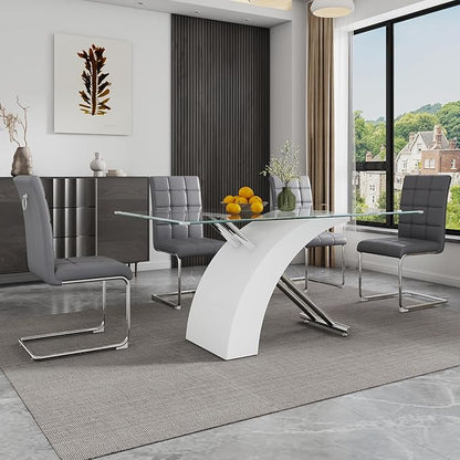 5-Piece Glass Dining Table Set, 63" White Kitchen Table with X-Shape MDF Base, Dining Room Set for 4 with 4 Leather Upholstered Chair for Kitchen, Dining Room (Gray,Silver)