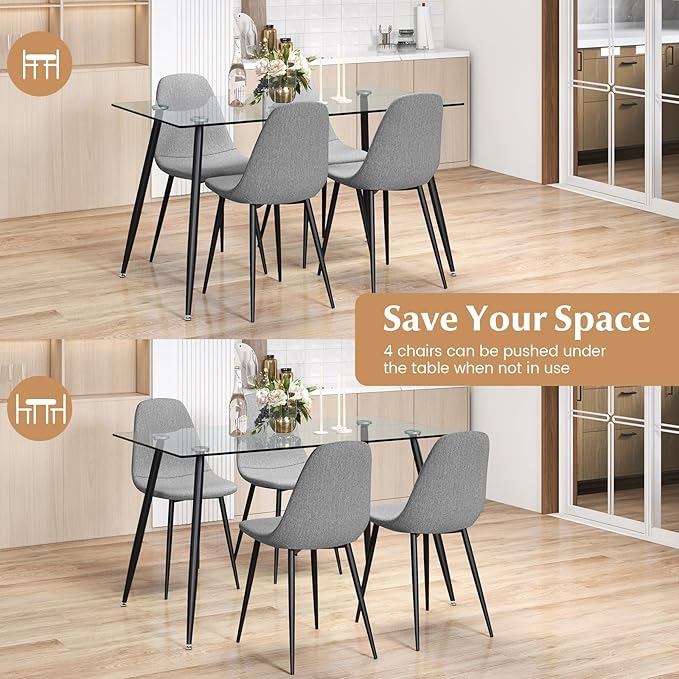 Tangkula Dining Table Set for 4, Modern Kitchen Table and Chairs, Glass Table and Chairs Set of 4 for Small Living Room, Kitchen