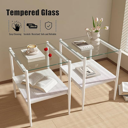 Set of 2 Glass End Table, 2-Layer Glass Living Room Table, Modern Tea Table Side Tables for Home Office Furniture