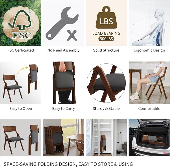YOPTO Folding Wooden Chairs Set of 2 with Padded Seat,Portable Dining Chairs W/Ergonomically Designed Back and Cushion,for Dining Room,Restaurant,Kitchen,Office