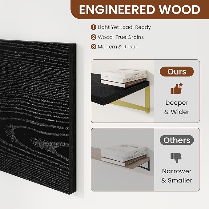 Deep Wall Shelves 36"W x 12"D Engineered Wood Floating Shelves for Wall, Sturdy Metal Bracket(Gold) Bookshelves Home Decor Storage for Living Room Bedroom Bathroom Kitchen, Set of 2, Black Finish