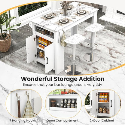 Giantex Counter Height Dining Table with 7 Hanging Hooks, Compartment, Cabinet & Adjustable Shelf, Faux Marble Tabletop, Bar Table for Pub Kitchen Small Space (White, 47"x23.5"x35.5")