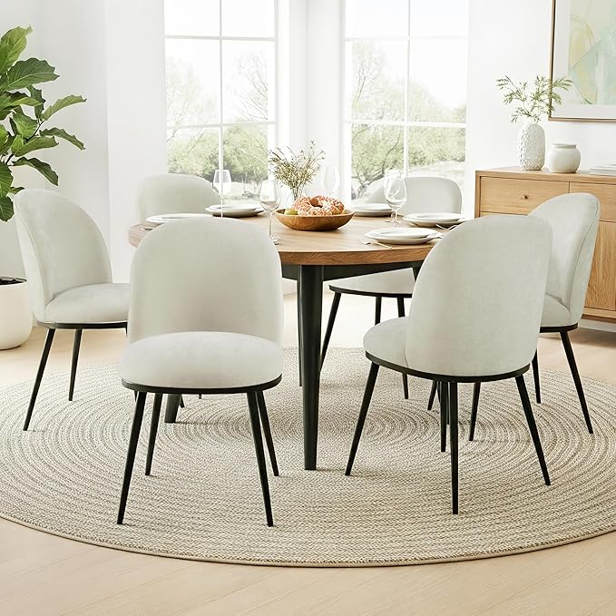 KISLOT Dining Chairs Set of 6, Fabric Upholstered Dining Room Chairs with Ergonomic Backrest & Metal Legs, Modern Kitchen Side Chairs for Home, Restaurant, and Café, Dove, 2 Boxs