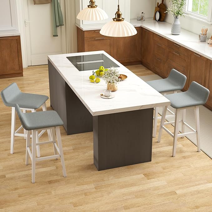 Giantex 29" Bar Stools Set of 2, Upholstered Bar Height Barstools with Low Back, Footrest, Armless Wood Bar Chairs for Kitchen Island, Dining Room, White & Gray