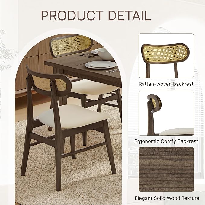 KISLOT Wooden Dining Chairs Set of 6, Upholstered Modern Dining Room Chairs, Mid Century Oak Wood Kitchen Chairs with Rattan Backrest for Farmhouse, Kitchen, Restaurant (Cream Fabric & Walnut Color)