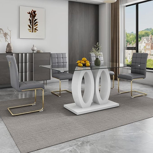 5-Piece Glass Dining Table Set, 63" White Kitchen Table with O-Shape MDF Base, Dining Room Set for 4 with 4 Leather Upholstered Chair for Kitchen, Dining Room (Gray,Gold)