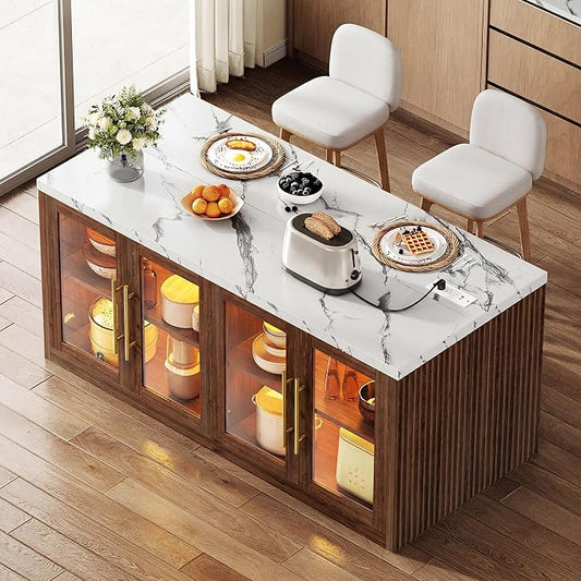 Kitchen Island with Storage, 55" W Large Island Table with LED Light for Dining Room, Kitchen Carts on Wheels Breakfast Bar Table w/Power Outlet, Walnut