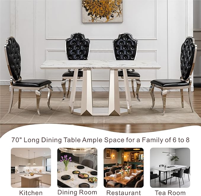 70" Marble Dining Table for 6-8, Modern Luxury Silver Rectangular Large Kitchen Table, Marble Grain MDF Tabletop & Stainless Steel Base, Dinner Furniture for Kitchen Dining Room, Meeting Room, White