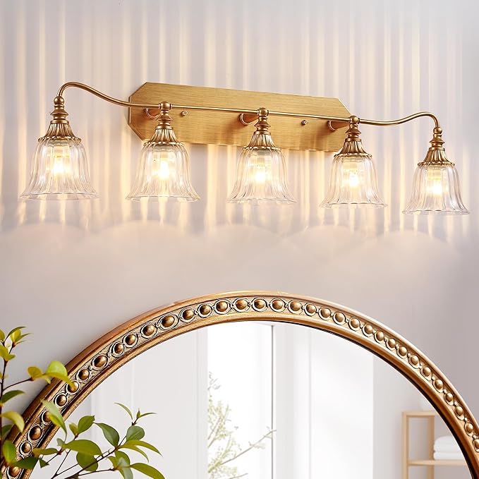 LmnLvn Bathroom Vanity Gold Light Fixture, 5 Lights Bathroom Lighting Matte Antique Brass Finish with Crystal Glass Shade, Gold Vintage Vanity Light for Bathrooms