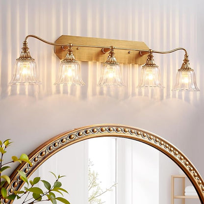 LmnLvn Bathroom Vanity Gold Light Fixture, 5 Lights Bathroom Lighting Matte Antique Brass Finish with Crystal Glass Shade, Gold Vintage Vanity Light for Bathrooms