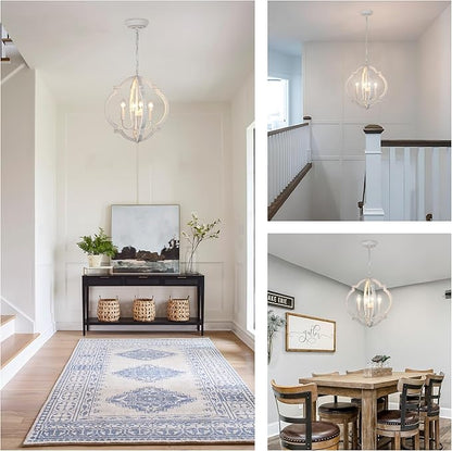 White Farmhouse Orb Chandelier for Dining Room- 4 Light Modern Pendant Light Fixture, Rustic Wood Hanging Lights for Kitchen Island Living Room Bedroom Entryway