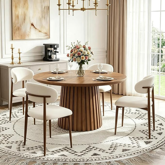 Beige Dining Chairs Set of 4, Modern Fabric Upholstered Dining Room Chair with Wood-Grain Metal Legs, Farmhouse Kitchen Side Chairs for Home and Restaurant, Walnut Metal Legs(Only Chair)
