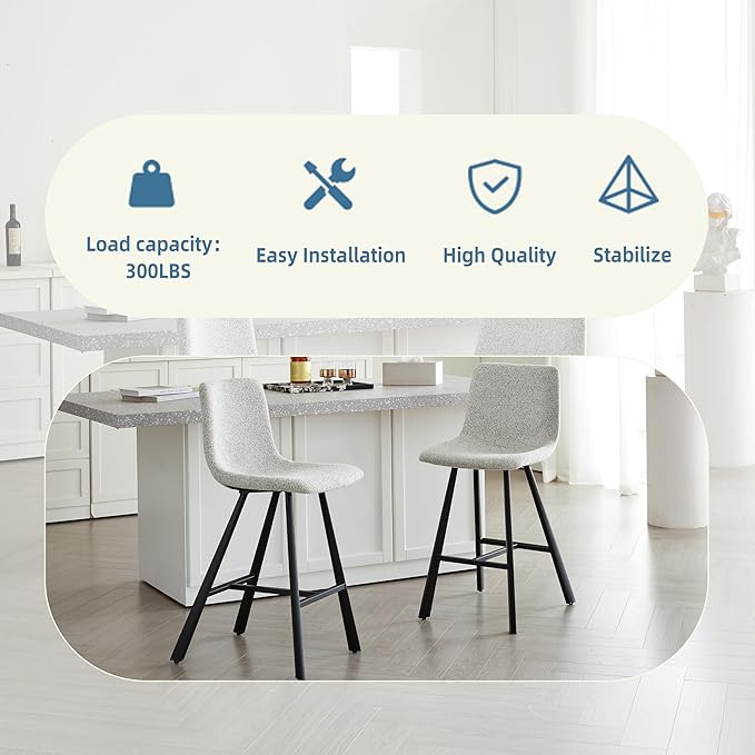 Textured Light Gray Fabric Bar Stool Upholstered Counter Height Chair with Sturdy Black Metal Legs for Kitchen Island, Home Bar, Dining Room (Single),2 Sets