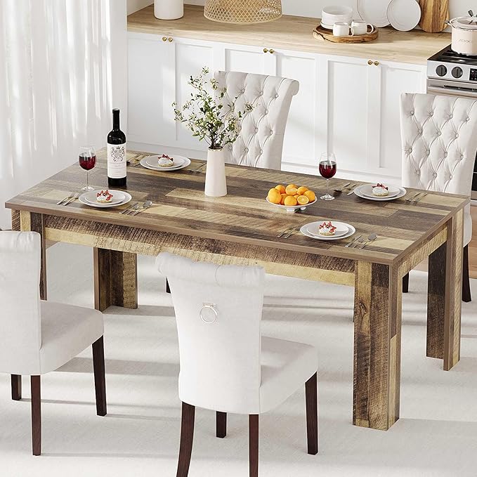 GarveeHome Dining Table for 4-6, Rectangular Dining Room Table, Kitchen Table with Large Table Top, Dinner Table, Farmhouse Dining Table for Dining Room, Kitchen, Living Room, Retro Brown