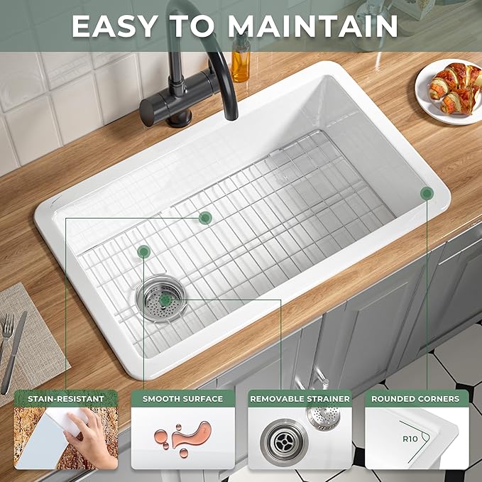 Offset Drain White Fireclay Undermount Kitchen Sink 32 Inch, Large Topmount White Undermount Sink 32''x19''x10'' Drop In, Deep Single Bowl Heavy Duty, Dual Mount, for Kitchen, Island