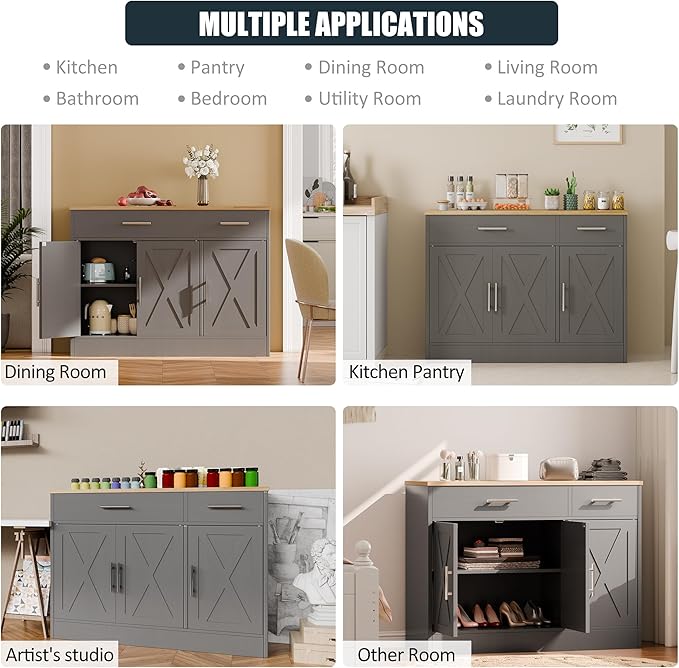SUNLEI Kitchen Buffet Sideboard Cabinet, Wooden Storage with 3 Doors and 2 Drawers, Adjustable Shelf, Modern Farmhouse Coffee Bar Cabinet with Storage for Kitchen/Laundry/Living Room,Grey