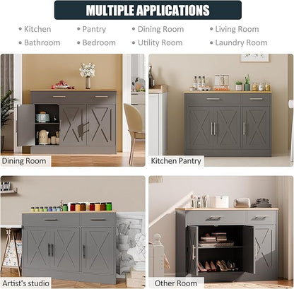 SUNLEI Kitchen Buffet Sideboard Cabinet, Wooden Storage with 3 Doors and 2 Drawers, Adjustable Shelf, Modern Farmhouse Coffee Bar Cabinet with Storage for Kitchen/Laundry/Living Room,Grey
