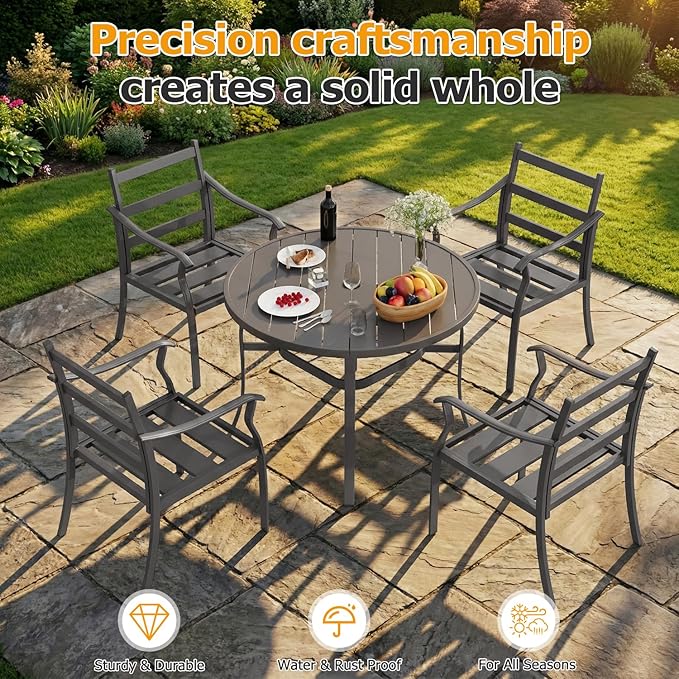 EROMMY 5-Piece Round Outdoor Patio Dining Set, 4 Metal Slat Chairs & Round Table with Umbrella Hole, All-Weather Outdoor Furniture for Backyard, Garden and Poolside