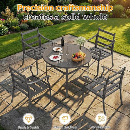 EROMMY 5-Piece Round Outdoor Patio Dining Set, 4 Metal Slat Chairs & Round Table with Umbrella Hole, All-Weather Outdoor Furniture for Backyard, Garden and Poolside