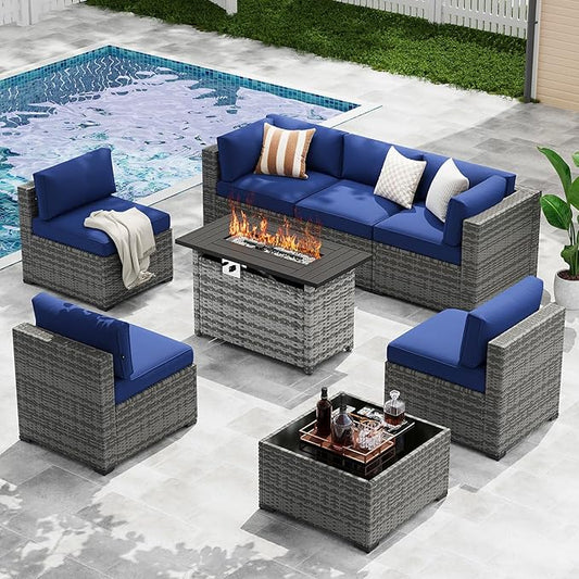 LazySunsets 8-Piece Patio Furniture Set with 44" Fire Pit Table, Wicker Outdoor Furniture, Patio Conversation Sets with Coffee Table, Outdoor Sectional Couch with Waterproof Cover, Blue