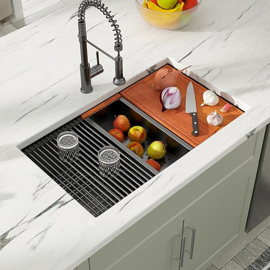 Dcolora 30 Inch Undermount Sink Black Stainless Steel Kitchen Sink Undermount Workstation Gunmetal Black Stainless Steel 16 Gauge Single Bowl Kitchen Sink Basin (30"x19"x10"), DC-U7708