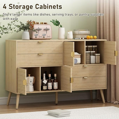 Coffee Bar Cabinet with Doors & Drawers, 47" Fluted Sideboard Buffet Storage Cabinet with Storage for Kitchen, Dining Room, Hallway, Modern Mid Century, Natural Oak