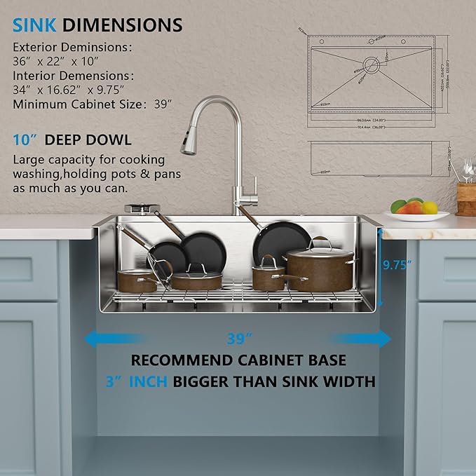 36"x22" Drop In Ledge Workstation Kitchen Sink – 16 Gauge 304 Stainless Steel Top Mount Overmount Single Bowl Sink Basin with Faucet Combo & Glass Rinser