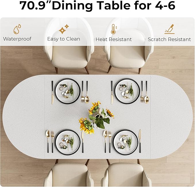 IRONCK 71" Oval Dining Table for 4-6 with Hidden Storage, Modern Farmhouse Kitchen Table with Fluted Semi-Cylindrical Legs, Faux Quartz Top for Dining Room, Kitchen, Living Room & Home Office (Black)