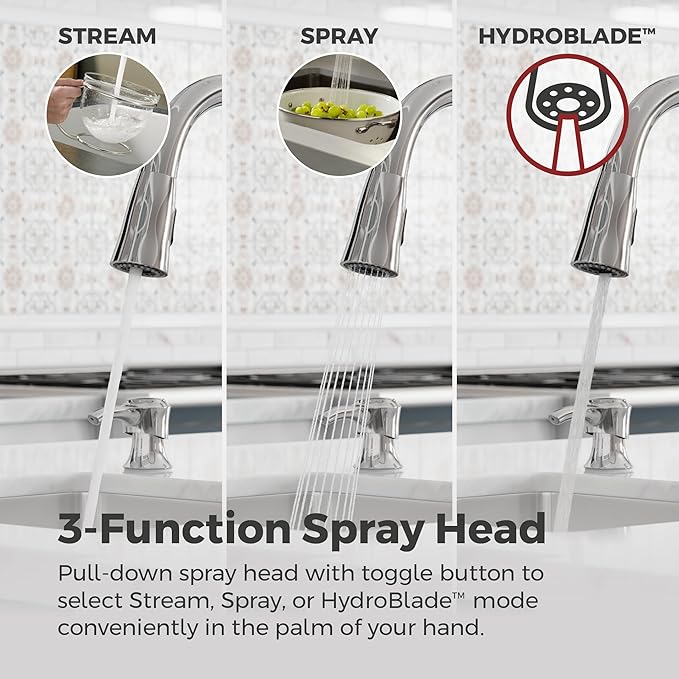 Pfister Alderwood Kitchen Faucet with Pull Down Sprayer and Soap Dispenser, Single Handle High Arc Spout, Chrome Finish, NSF Certified, 1 or 3 Hole Installation F5297AWC