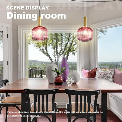 Pink Pendant Light Plug in Glass Chandelier Lighting Vintage Gold Hanging Lamp Plug in Light Fixtures Ceiling Hanging Lights with Long Cord for Living Room Dining Room Bedroom Kitchen Island
