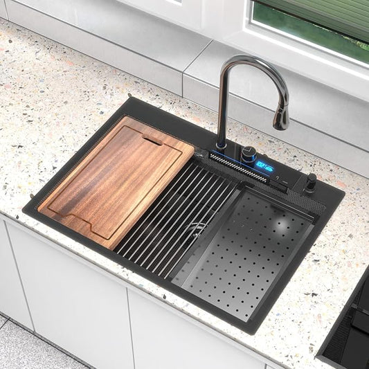 30inch Drop In Waterfall Kitchen Sink Metal Black -Feibus 30x22x10 Sink with Faucet Combo Double Step Workstation 16 Gauge Multifunctional Stainless Steel Single Bowl