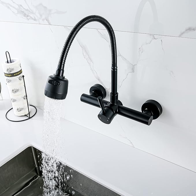 Wall Mount Kitchen Faucet with Sprayer 8“ Center,Matte Black Stainless Steel Sink Mixer Tap, Laundry Utility Faucets with Dual Functionals Sprayer