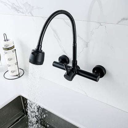 Wall Mount Kitchen Faucet with Sprayer 8“ Center,Matte Black Stainless Steel Sink Mixer Tap, Laundry Utility Faucets with Dual Functionals Sprayer