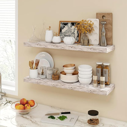 Acovy 36 Inch Floating Shelves, 9.3" Deep Floating Shelf Wall Mounted, 36" Wall Shelves, Rustic Deep Bookshelf, Large Display Shelves & Storage Shelves for Bedroom, Living Room, Rustic, Set of 2