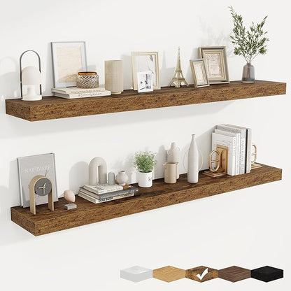 fuqing Floating Shelves for Wall, Wall Mounted Wood Floating Shelf with Invisible Brackets for Living Room, Bathroom, Bedroom, Kitchen Storage and Decor, 55 Inch Set of 2, Rustic Brown