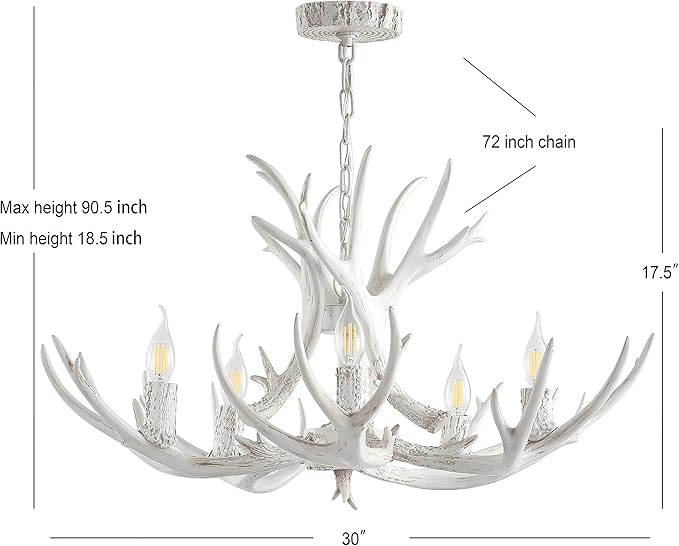 JONATHAN Y 30" White Rustic Resin Antler 5-Light LED Chandelier, Farmhouse Faux Deer Horn Hanging Ceiling Light for Dining Room, Kitchen Island, Adjustable Light Fixture (JYL6300B)