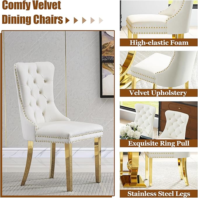 7-Piece Modern Luxury Dining Table Set, 70" Black Tempered Glass Dining Table with Gold Polished Stainless Steel U-Shaped Pedestal Base, 6 White Velvet Upholstered Chairs, for Dining Room, Office